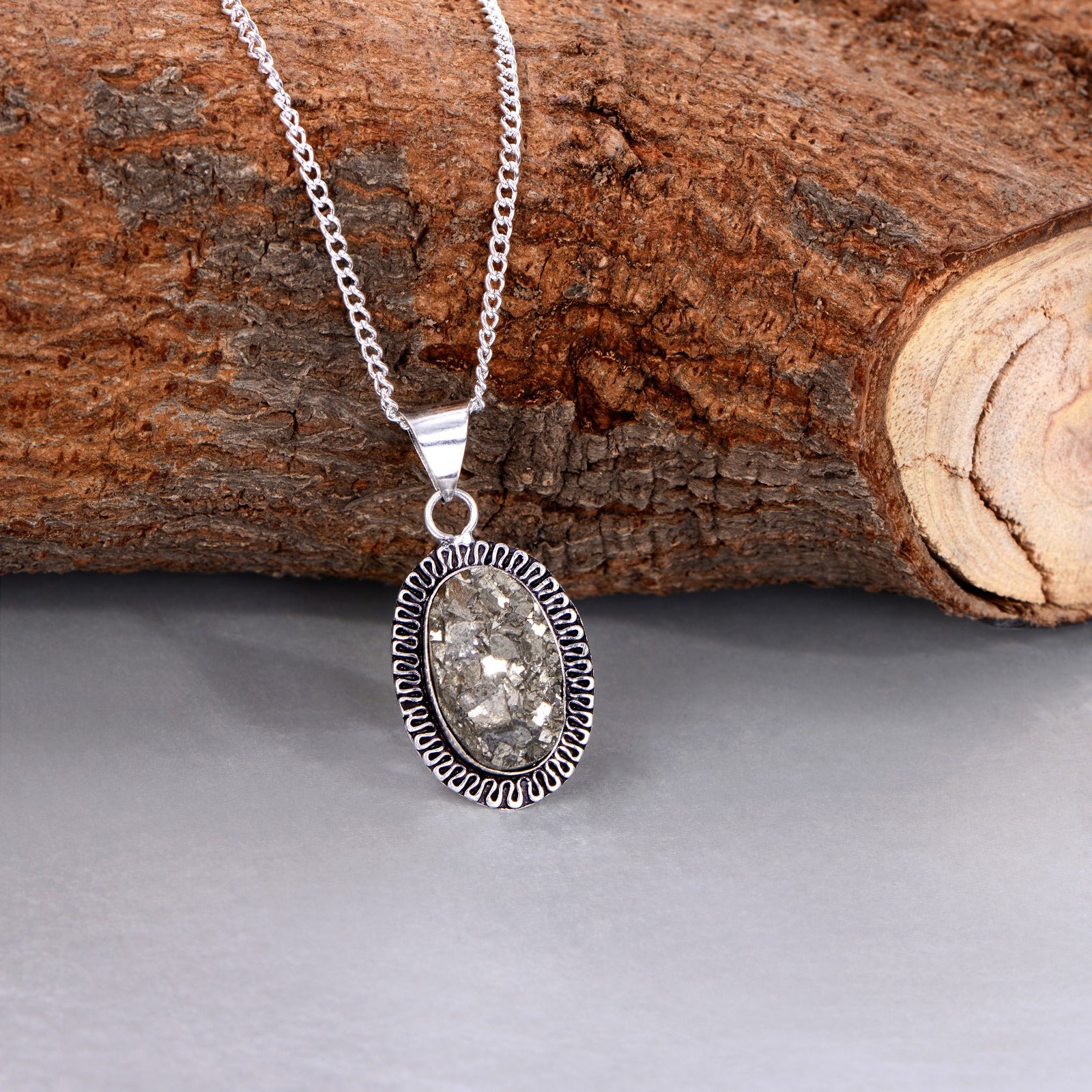 Natural Pyrite Pendant In Sterling Silver With Neck Chain