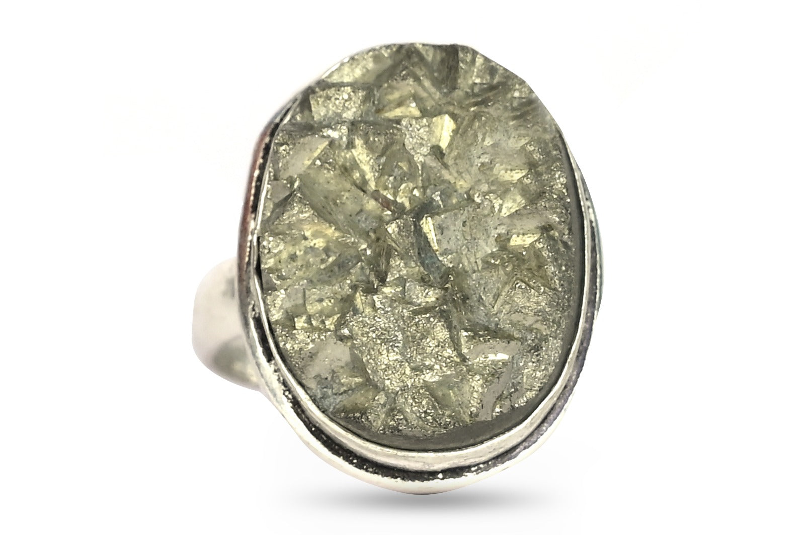 Natural Pyrite Geod Unisex Adjustable Ring In Sterling Silver