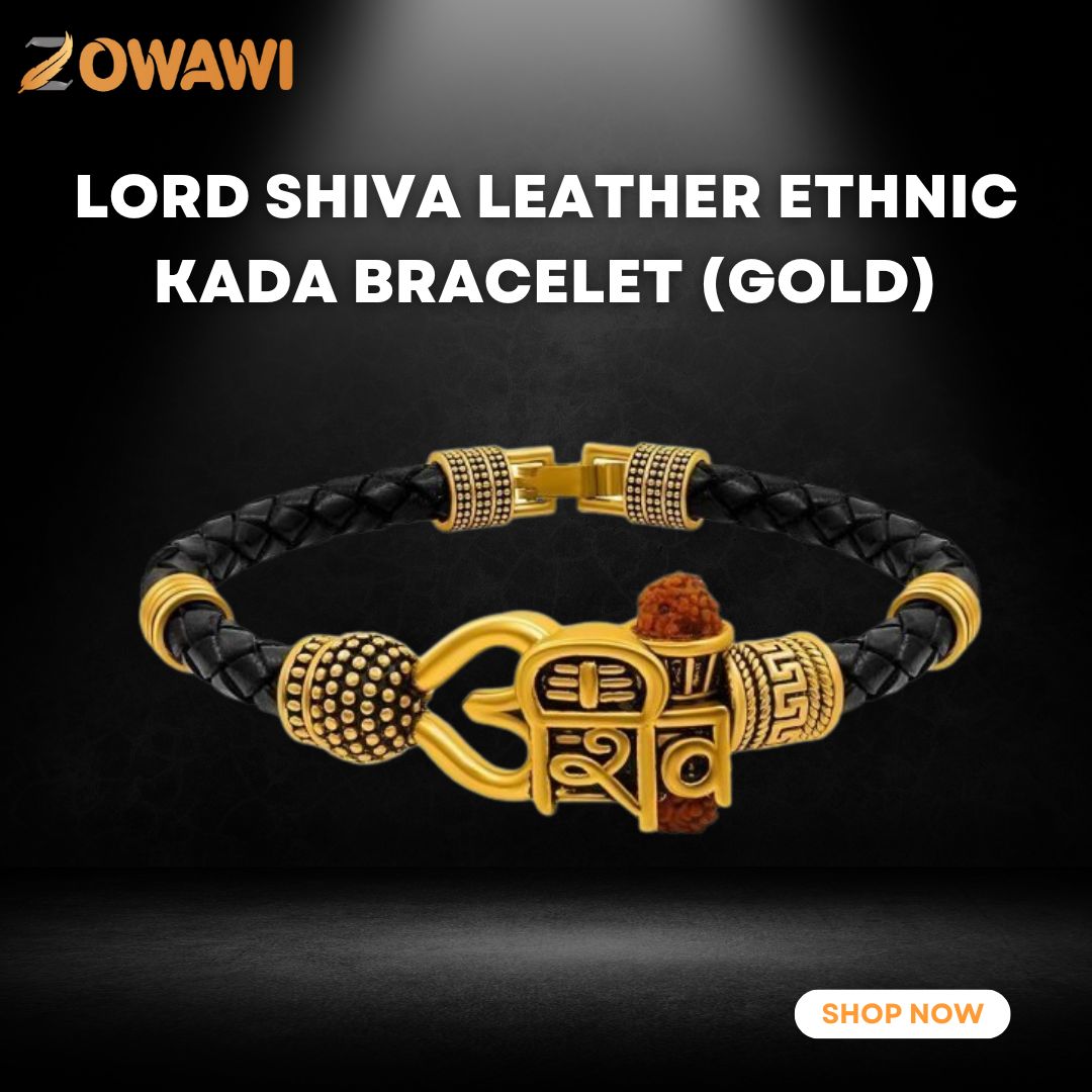 Lord Shiva Leather Ethnic Kada Bracelet (Gold)