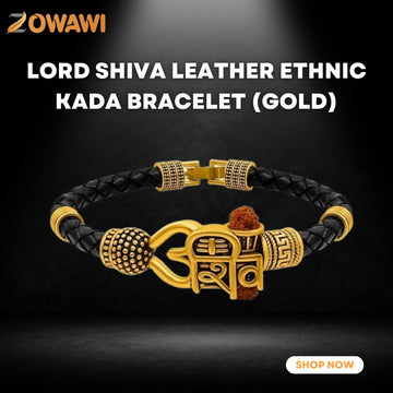 Lord Shiva Leather Ethnic Kada Bracelet (Gold)