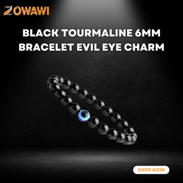 Black Tourmaline 6mm Bracelet Evil Eye Charm