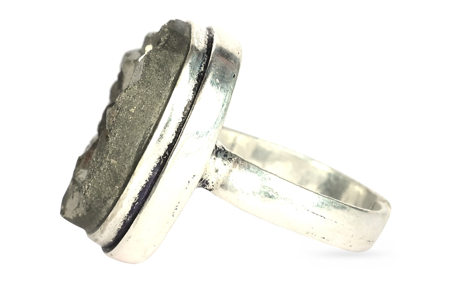 Natural Pyrite Geod Unisex Adjustable Ring In Sterling Silver