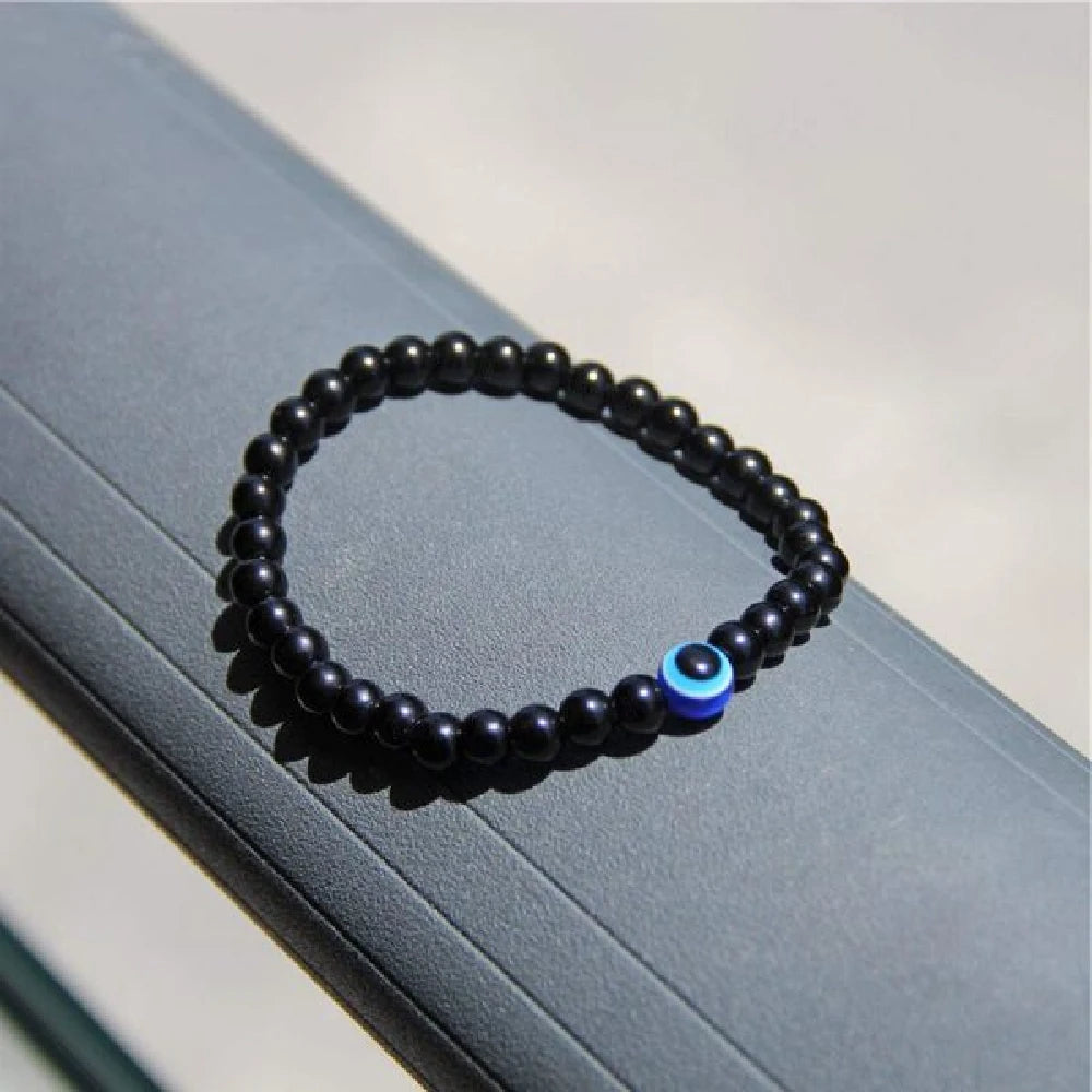Black Tourmaline 6mm Bracelet Evil Eye Charm