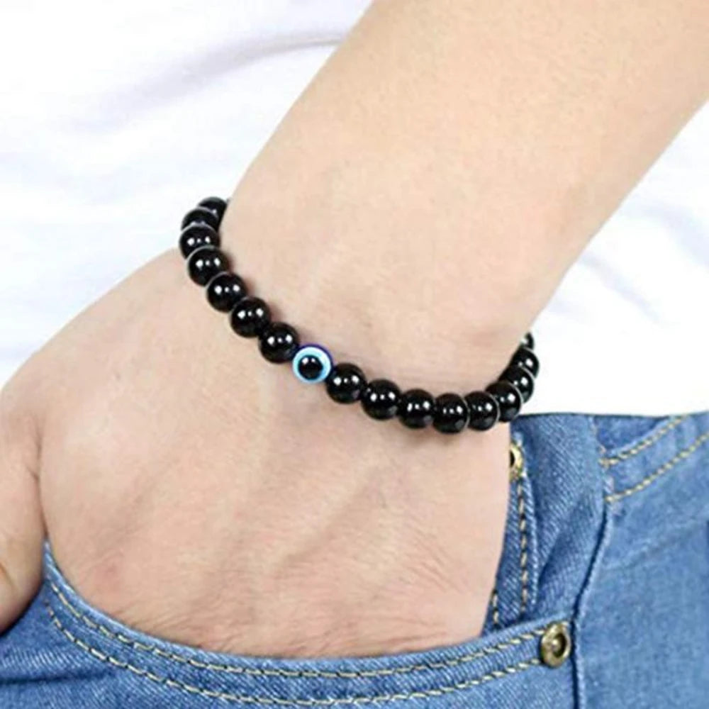 Black Tourmaline 6mm Bracelet Evil Eye Charm